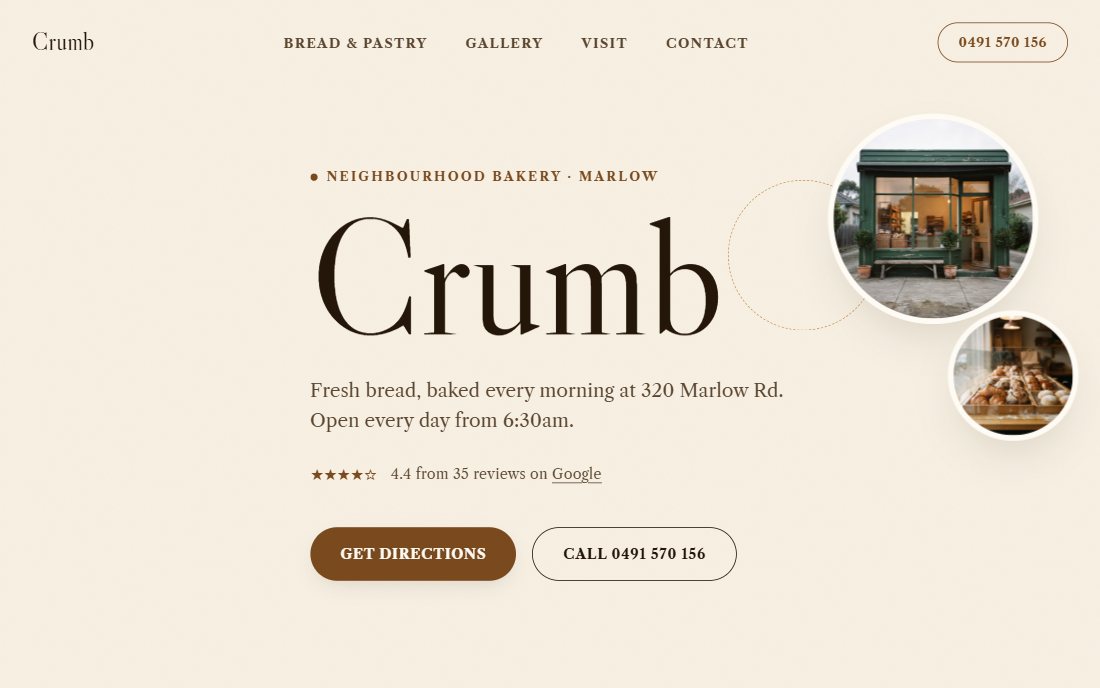 Sample build for a neighbourhood bakery, showing a homepage hero with a large serif wordmark and a green shopfront photograph