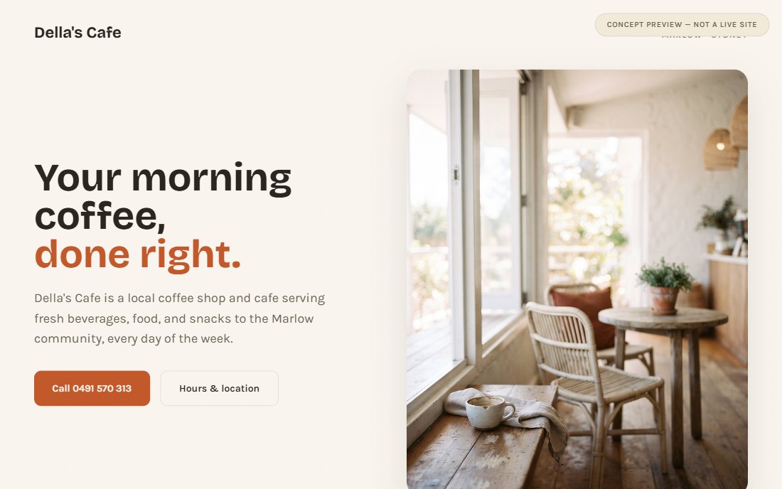 Sample build for a coastal cafe, showing a homepage hero with a bold headline and a bright interior photograph