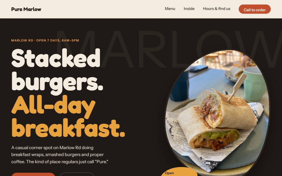 Sample build for an all-day breakfast spot, showing a bold typographic hero on a dark background