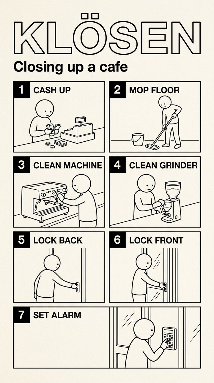 The picture manual the prompt drew: seven numbered panels for closing up a cafe, from cash up to set alarm