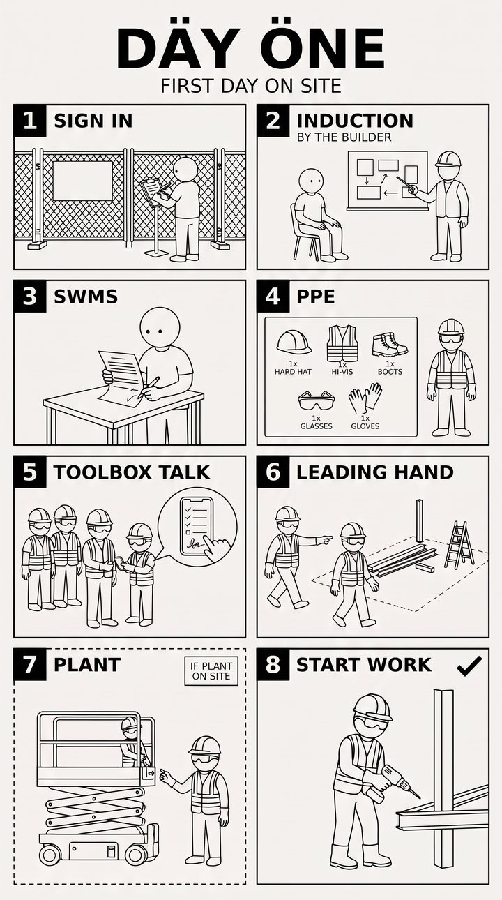 A flat-pack style picture manual titled DAY ONE: eight steps for a new worker's first day on site