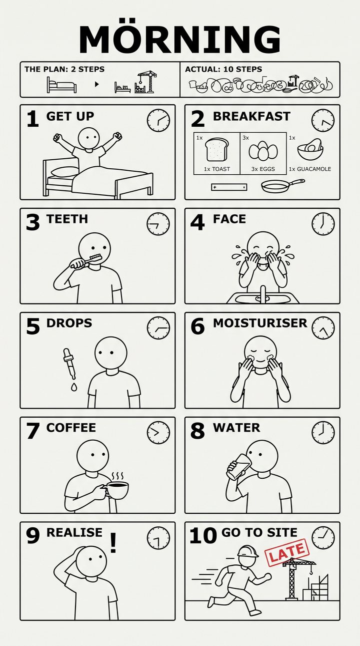 A flat-pack style picture manual titled MORNING: ten steps from getting up to going to site, late